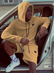 Manfinity Hypemode 男士連帽束口運動衫和短褲套裝 - 卡其色 - 查看 1