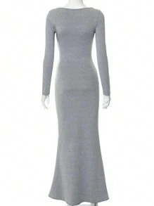 SHEIN Privé Scoop Neck Mermaid Hem Bodycon Dress - Grey - View 2