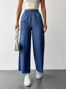 EURMUSE 100%Cotton Wide-Leg Pants With Elasticated Waist And Diagonal Pockets - Dark Wash - View 5