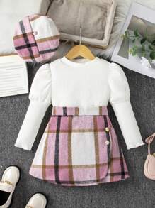 SHEIN 女孩格紋T恤半身裙貝雷帽優雅復古時尚濃烈香調套裝秋天和冬天 - 粉色 - 查看 1