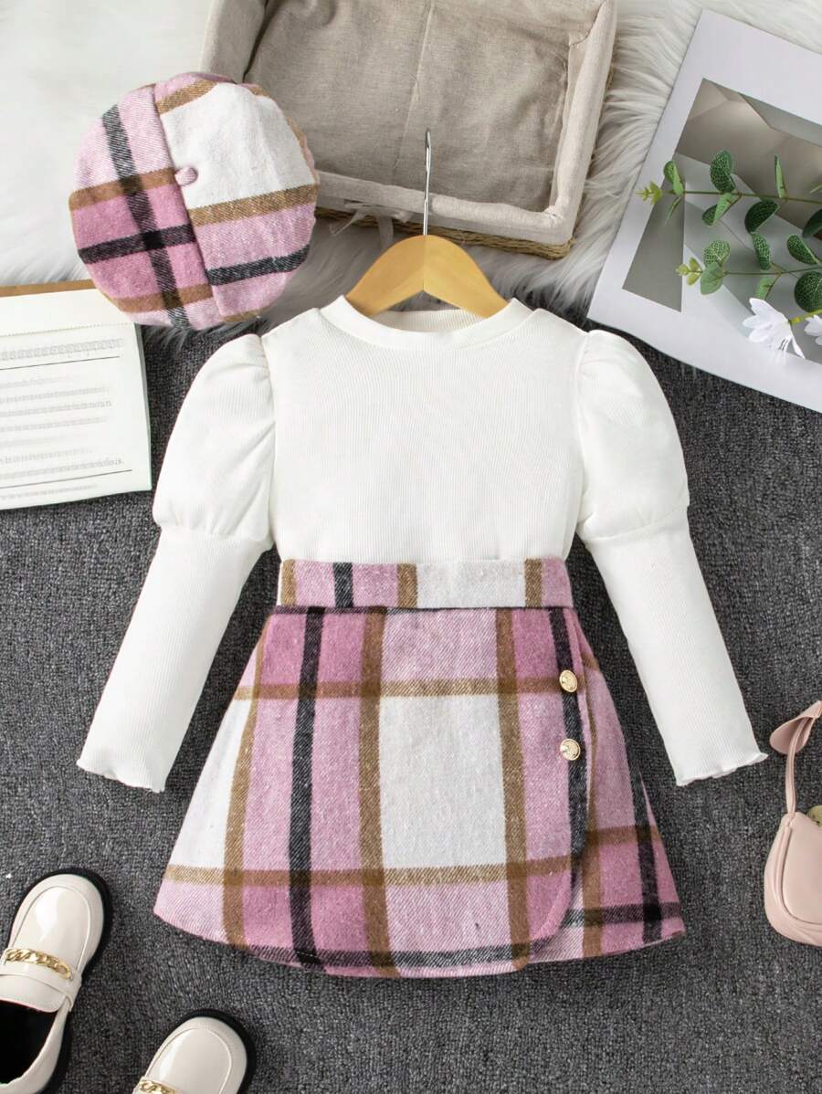 SHEIN 女孩格紋T恤半身裙貝雷帽優雅復古時尚濃烈香調套裝秋天和冬天 - 粉色 - 查看 1