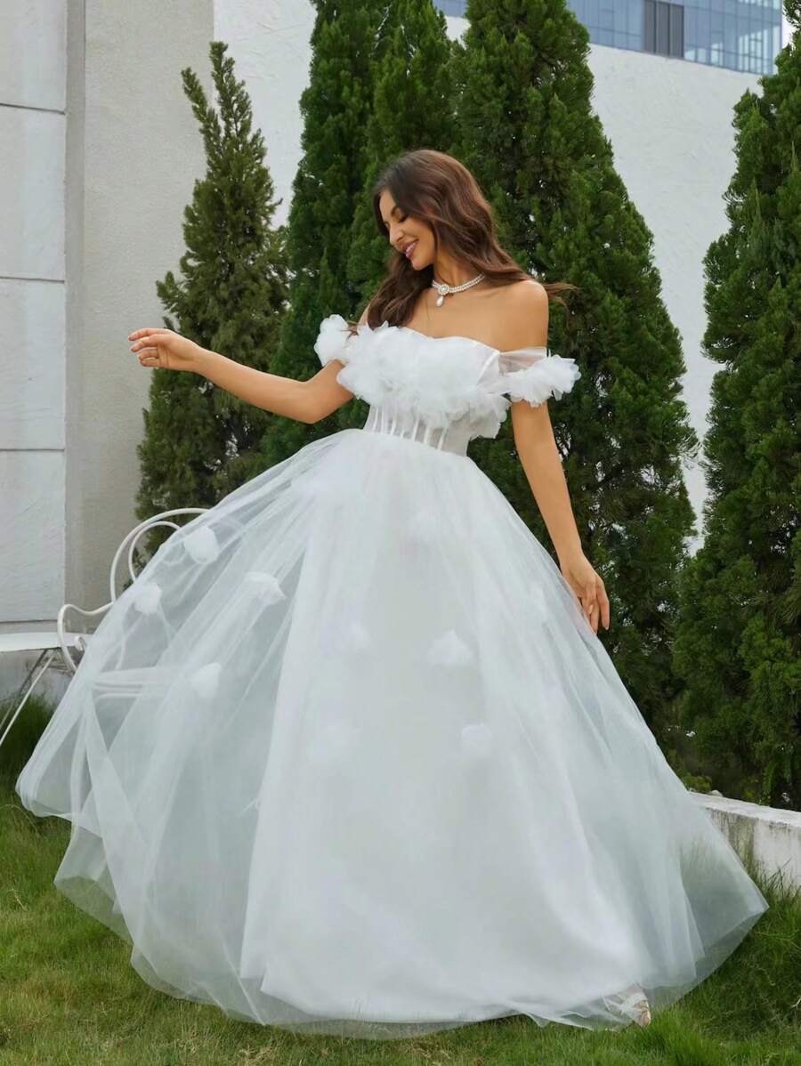 Off Shoulder Đèn treo tường Lưới Váy dự tiệc - trắng - Xem 1