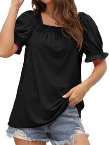 女士方領純色泡泡袖t恤 - 黑色 - 查看 4