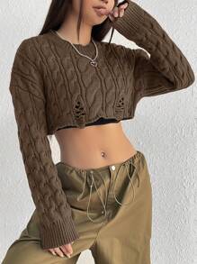 SHEIN Unity Short Cable Textured Sweater - Coffee Brown - View 5