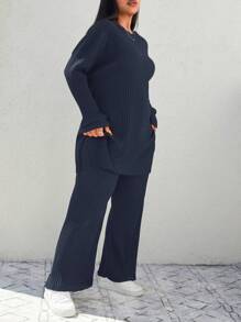EURMUSE Plus Size  Two Piece Set With Open Fork Top And Pants - Navy Blue - View 3