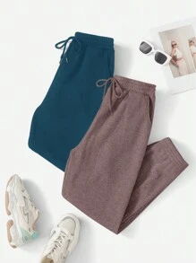 SHEIN Cottnline 2 Pcs Solid Color Drawstring Elastic Cuff Women's Sweatpants - Multicolor - View 4
