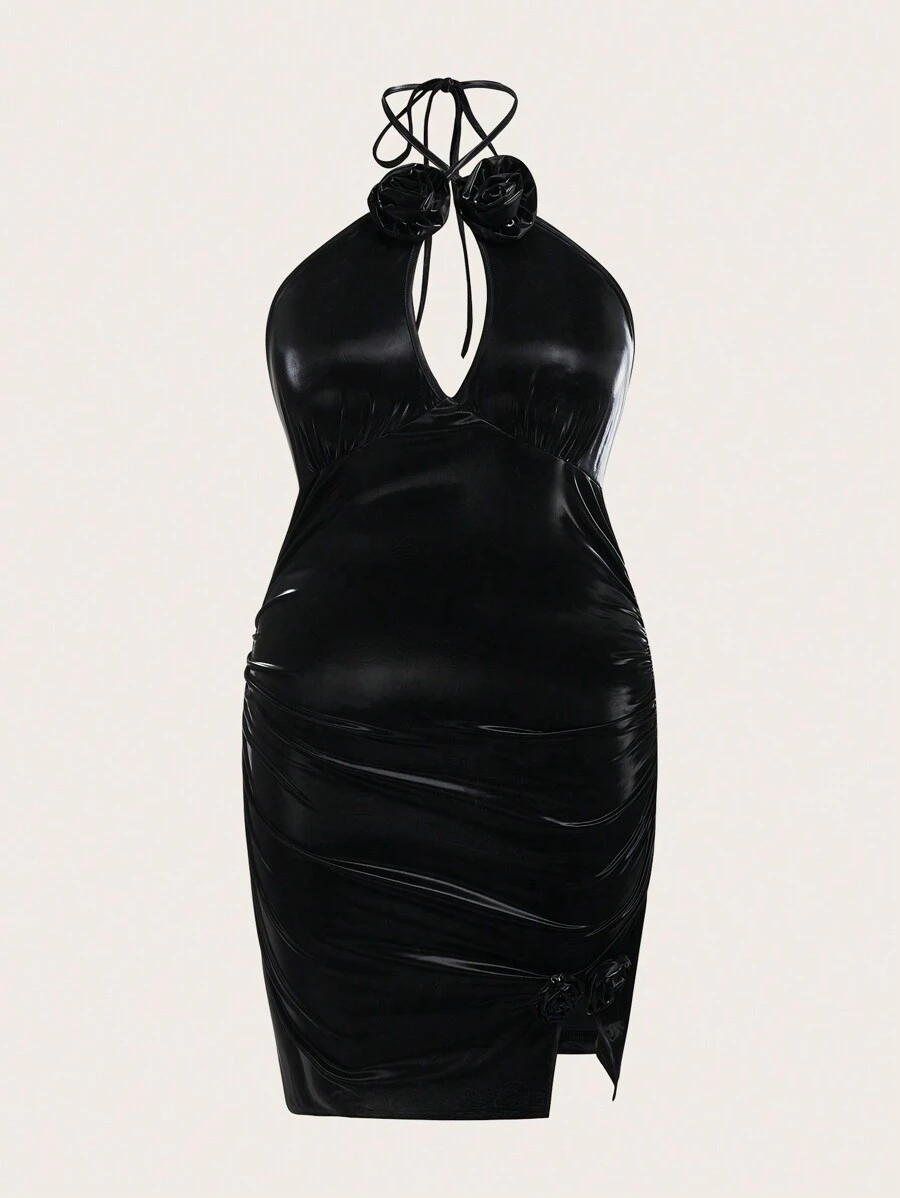 SHEIN ICON 大碼3D玫瑰鏤空高衩掛脖洋裝 - 黑色 - 查看 1