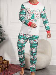 男士熊印花长袖圆领上衣和长裤家居服套装 - 綠色 - 查看 1