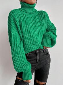 SHEIN Essnce Cổ áo cao Thả vai Áo len - màu xanh lá - Xem 1