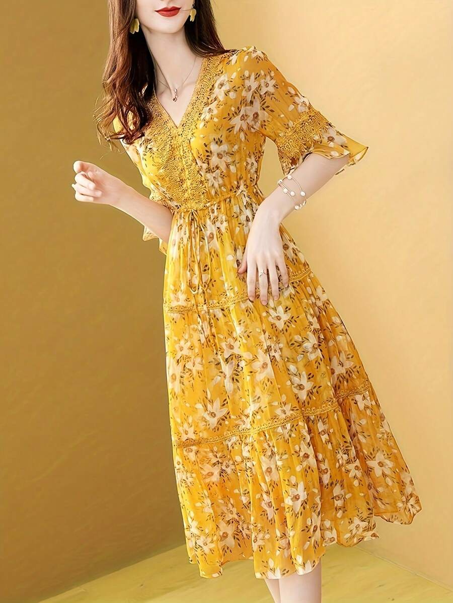 SHEIN LUNE Floral Printed Drawstring Waist Women's Dress Maxi Women Outfit - Yellow - View 1