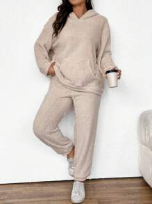 SHEIN Frenchy Kích thước lớn Lông cừu Hoodie Và Quần Bộ - Màu be - Xem 1