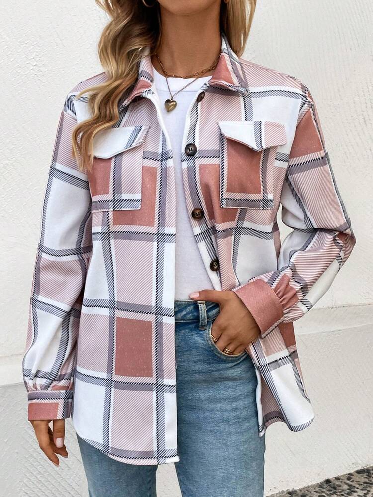 Plaid Print Flap Pocket Overcoat Fall Cloth For Women