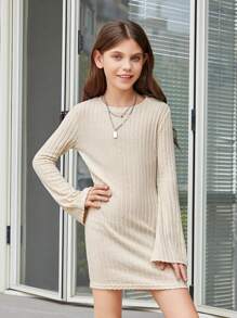 SHEIN Tween Girl Solid Color Flare Sleeves Ribbed Knit Dress, Belt Not Included - Apricot - View 6