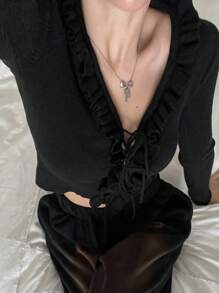 DAZY Women'S Frilled Hem Belted Long Sleeve Sweater,Ruffle Crop Women Tops Fall - Black - View 1