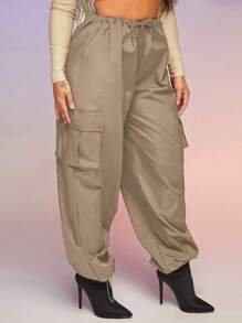 SHEIN Women's Side Pocket Drawstring Design Wide-legged Casual Long Pants