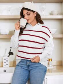 Calvaya Plus Striped Pattern Drop Shoulder Knit Top Without Blouse - White - View 6