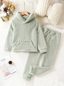 Tween Girl Kangaroo Pocket Hoodie & Pants PJ Set - Green - View 1