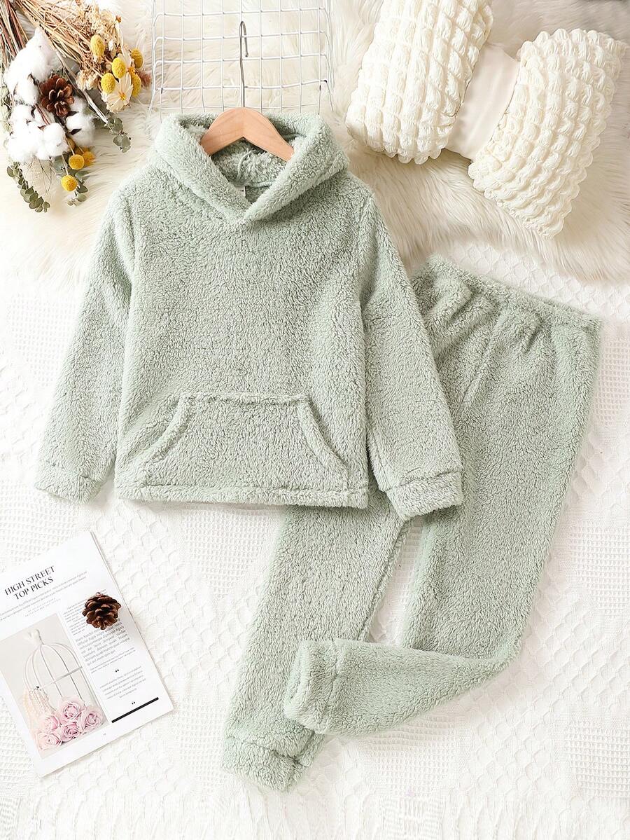 Tween Girl Kangaroo Pocket Hoodie & Pants PJ Set - Green - View 1