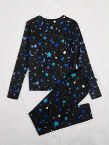 SHEIN Leap Crew 2pcs Girls Starry Sky Pattern Knit Tight Top And Tight Pants Homewear Set - Multicolor - View 6