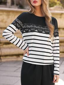 SHEIN Frenchy Camiseta con estampado de rayas ribete con encaje - Negro - Ver 1