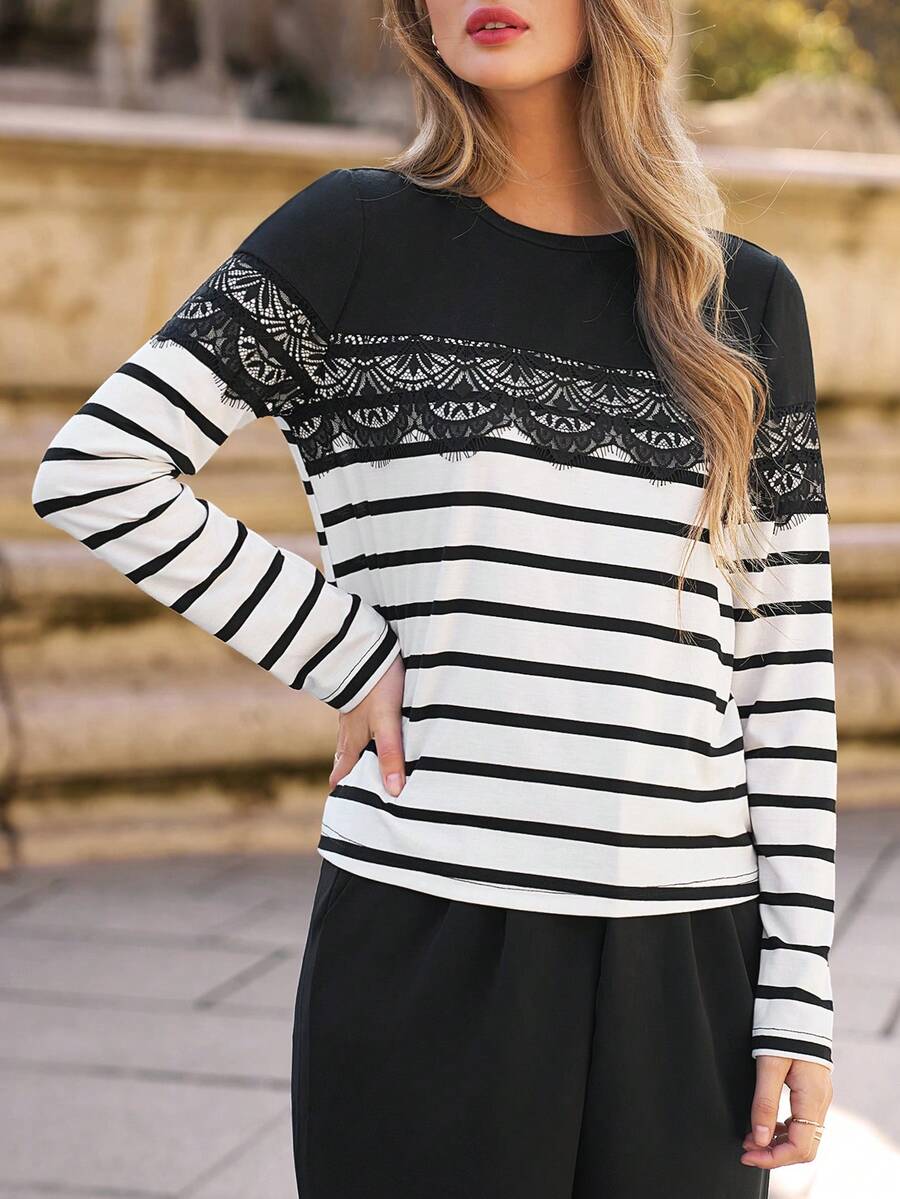 SHEIN Frenchy Camiseta con estampado de rayas ribete con encaje - Negro - Ver 1
