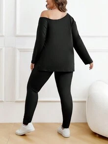 SHEIN LUNE 大碼人像圖案不對稱領T恤和緊身褲 - 黑色 - 查看 2