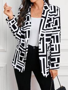 SHEIN Clasi Women's All Over Printed Regular Fit Jacket With Lapel Collar - Black and White - View 5