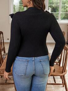 Calvaya Plus Size Ruffle Trim Pullover Sweater - Black - View 2