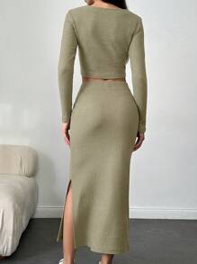 RueChic Ribbed Crop Top And Side Split Skirt Set - Green - View 2
