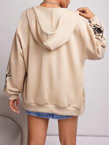 SHEIN EZwear 蜘蛛網印花掉肩束口拉鍊連帽衛衣 - 卡其色 - 查看 2