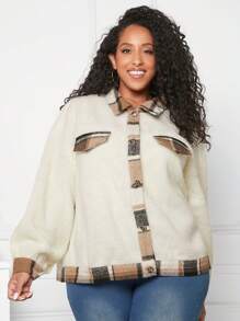 SHEIN CURVE+ Plus Plaid Print Drop Shoulder Teddy Jacket - Apricot - View 4