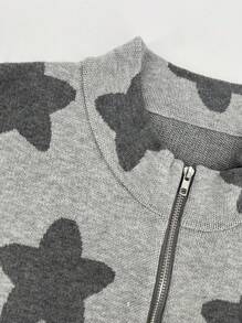 SHEIN Unity Có khóa kéo Thả vai Áo len Mở Với Sừng & Ngôi sao Huy hiệu Chi tiết - Xám - Xem 3