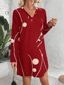 SHEIN LUNE Graphic Print V Neck Dress - Red - View 5