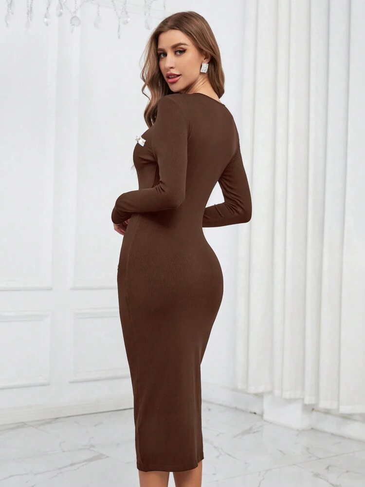 Contrast Binding Button Detail Bodycon Dress