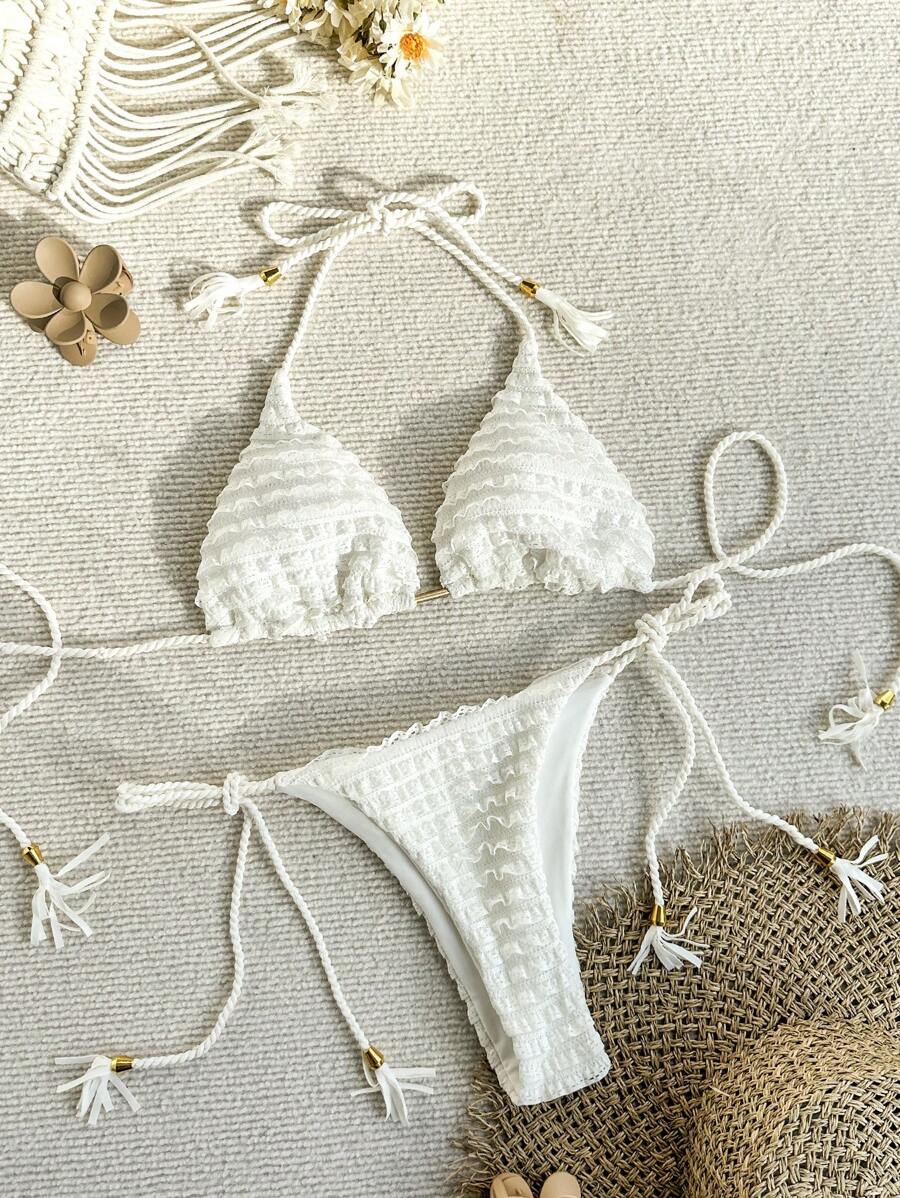 SHEIN Swim Bộ bikini cổ tam giác đi biển mùa hè - trắng - Xem 1