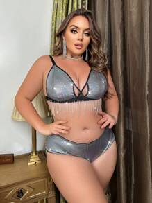 2pcs/Set Plus Size Fashion Metal Fringe Decorated Wireless Bra And Panties Set - Grey - View 5