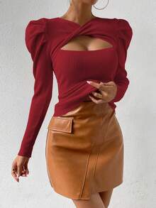 SHEIN Essnce Của phụ nữ Chân của tay áo cừu Rỗng Áo len - Màu Đỏ Sâu - Xem 6