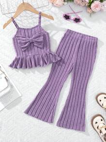Cô Gái Trẻ vui tươi & Mát mẻ Màu thuần Dệt kim Dây đeo Áo Và Dài Quần Bộ Đối với Mặc hàng ngày - Màu tím - Xem 1