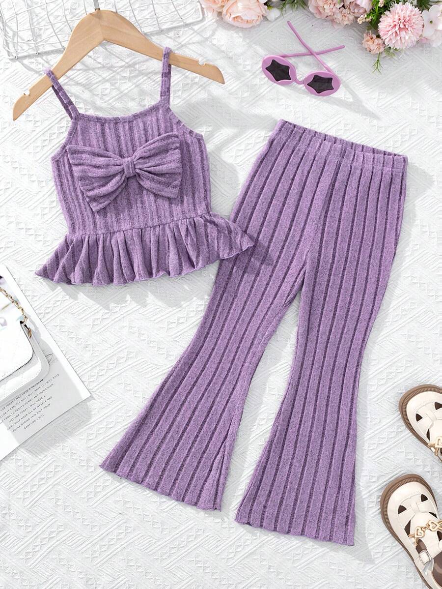 Cô Gái Trẻ vui tươi & Mát mẻ Màu thuần Dệt kim Dây đeo Áo Và Dài Quần Bộ Đối với Mặc hàng ngày - Màu tím - Xem 1