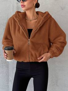 SHEIN Cottnline 拉鏈開襟連帽毛絨夾克 - 棕色 - 查看 5