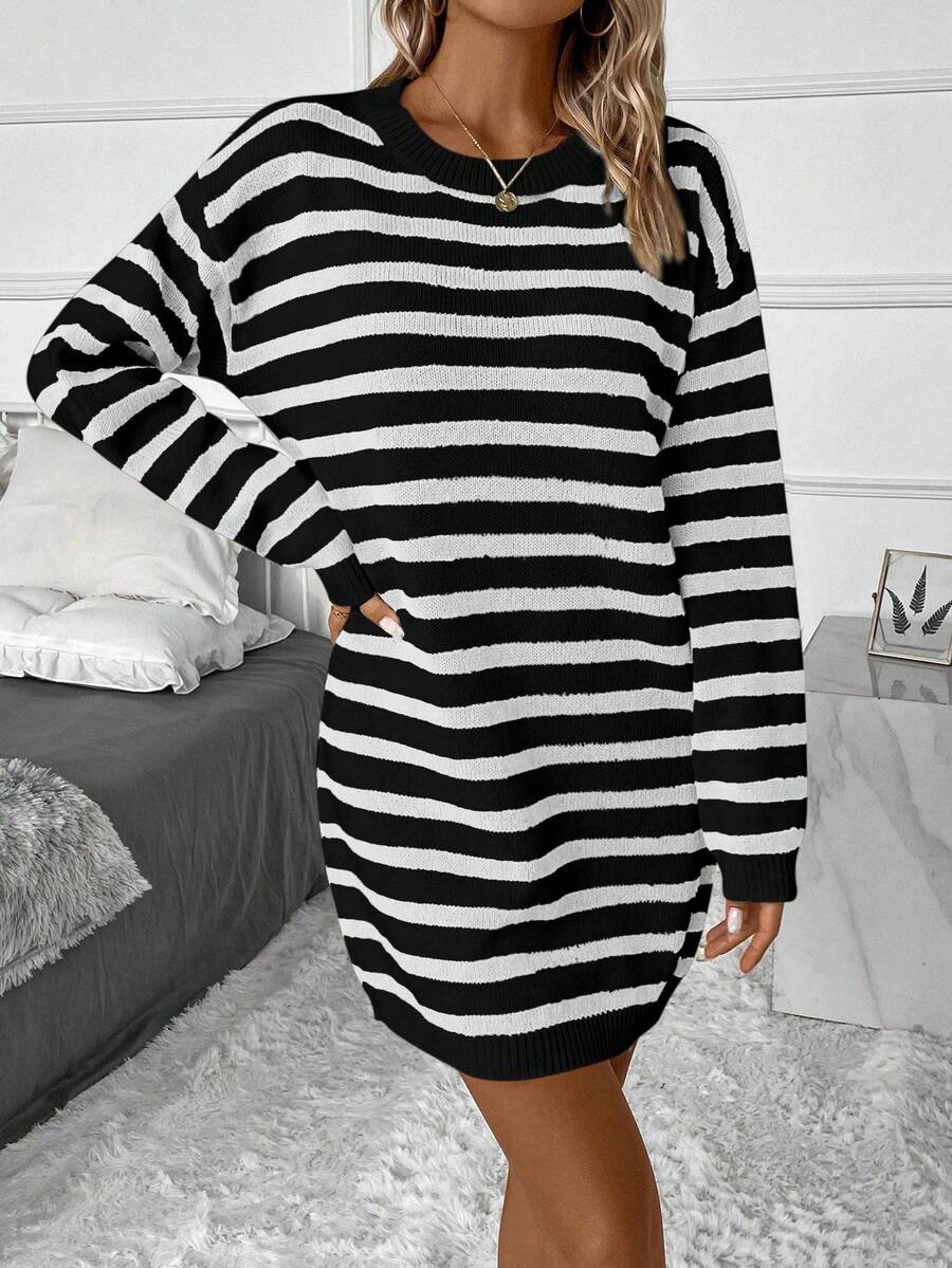 SHEIN Frenchy Striped Sweater Drop Shoulder Knitted Dress - Black - View 1
