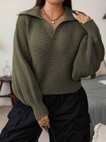 Flirla Suéter De Talla Grande Con Mangas Murciélago Y Cuello Redondo - Verde militar - Ver 6