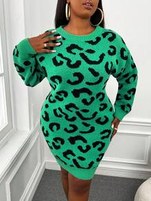 Slaydiva Plus Leopard Pattern Drop Shoulder Sweater Dress - Green - View 3