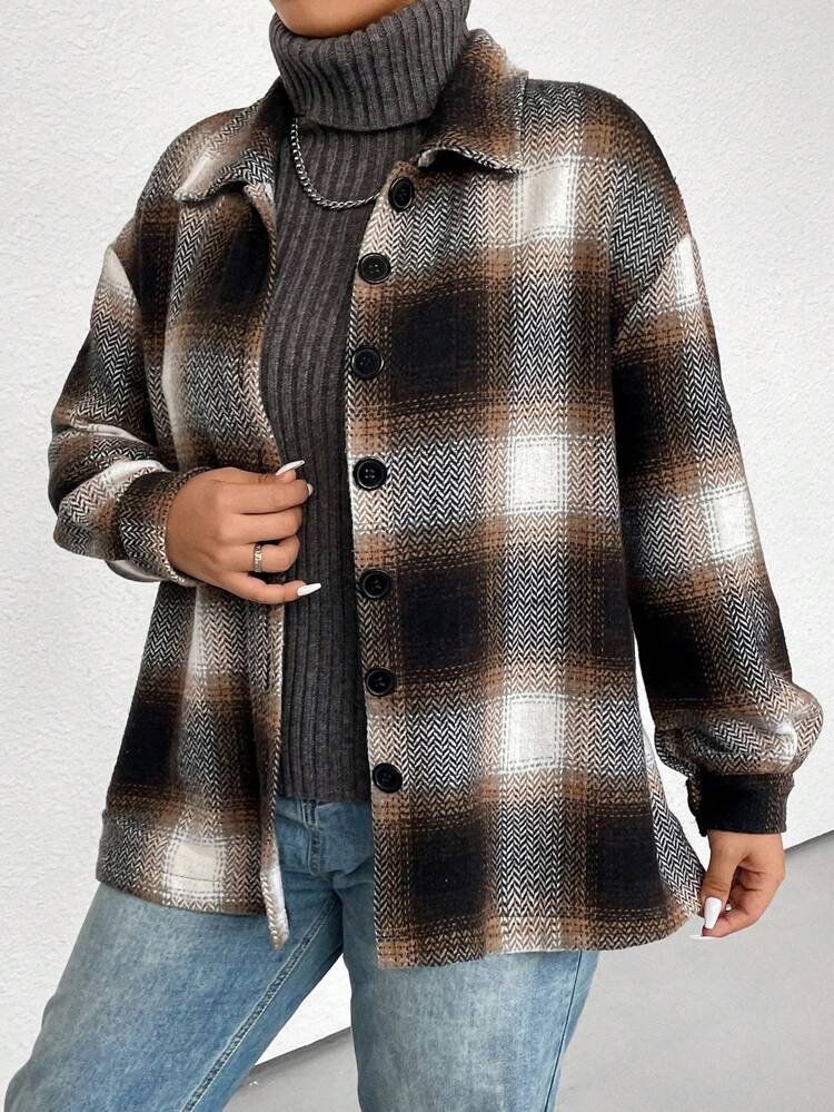 Plus Plaid Print Drop Shoulder Overcoat