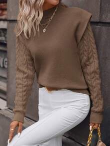SHEIN Clasi Mock Neck Cable Knit Sweater - Camel - View 3