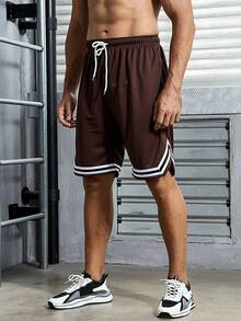 男士束口條紋運動短褲 - 棕色 - 查看 3