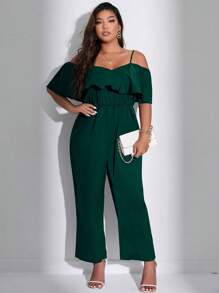 Celure Plus Size Solid Color Ruffle Hem Jumpsuit With Cinching Waist - Dark Green - View 4
