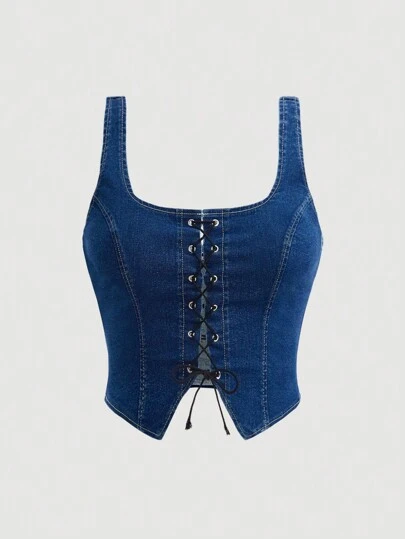 SHEIN MOD Women's Plus Size Denim Shirt With Tie Corset Top