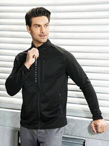 Manfinity Sport Corelite Boyfriend Style Men's Letter Print Zip-Front Raglan Sleeve Sports Jacket With Front Pockets Workout Tops