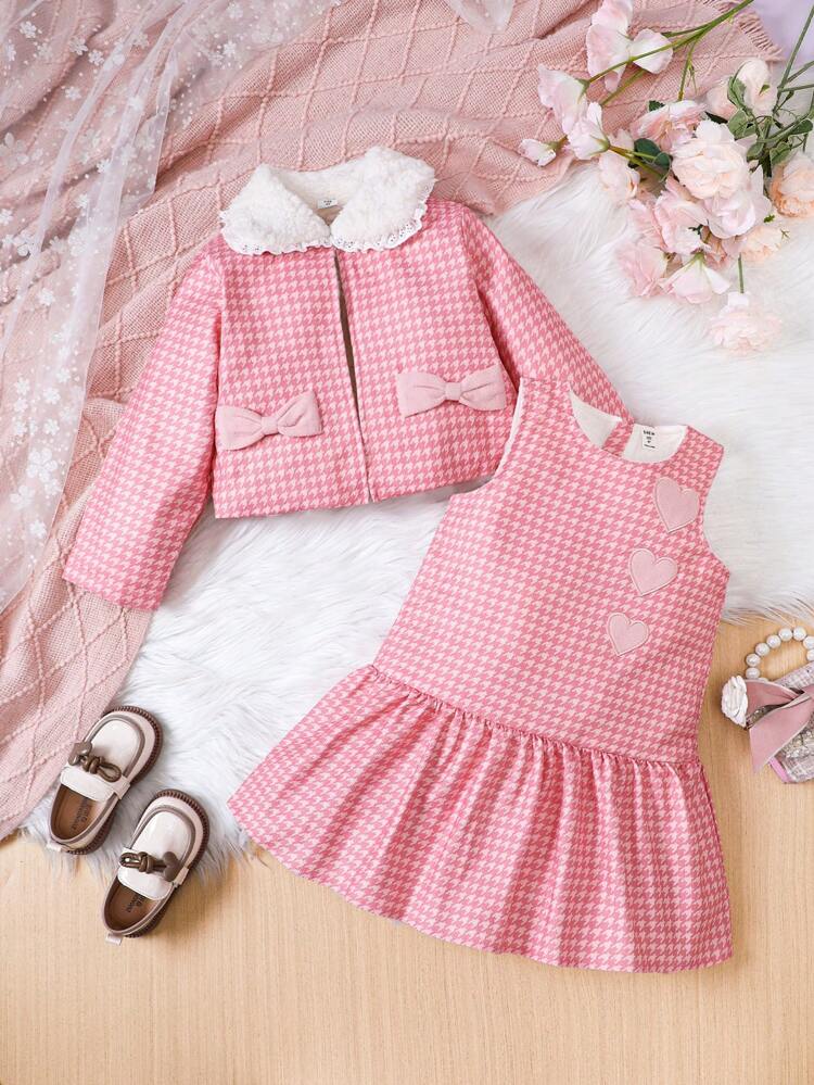 Young Girls Elegant Pink Houndstooth Corduroy Thick Coat With White Lace Peter Pan Collar, Matched With Dress, For Autumn And Winter